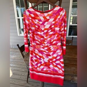 Vince Camuto Orange Pink Geometric 3/4 Sleeve Shift Dress Gold Zip Back Sz 2